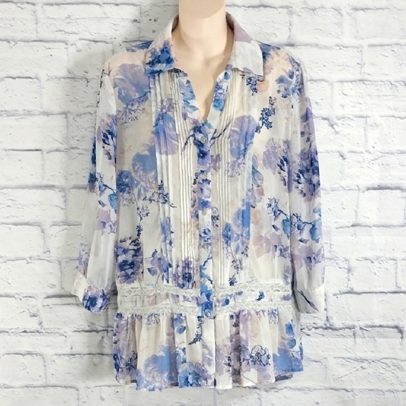 Vintage America Top Semi Sheer Button Down Floral Feminine Sz M - Picture 1 of 7